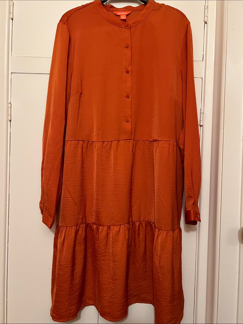 Long-Sleeve Tiered Button-Front Dress in Burnt Orange